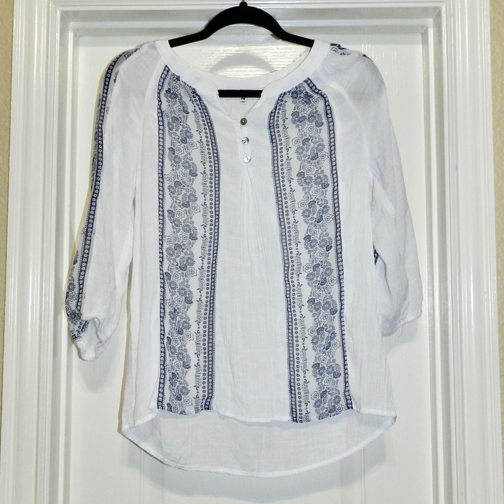 Sara Michelle Boho White Blue Top 3/4 Sleeve